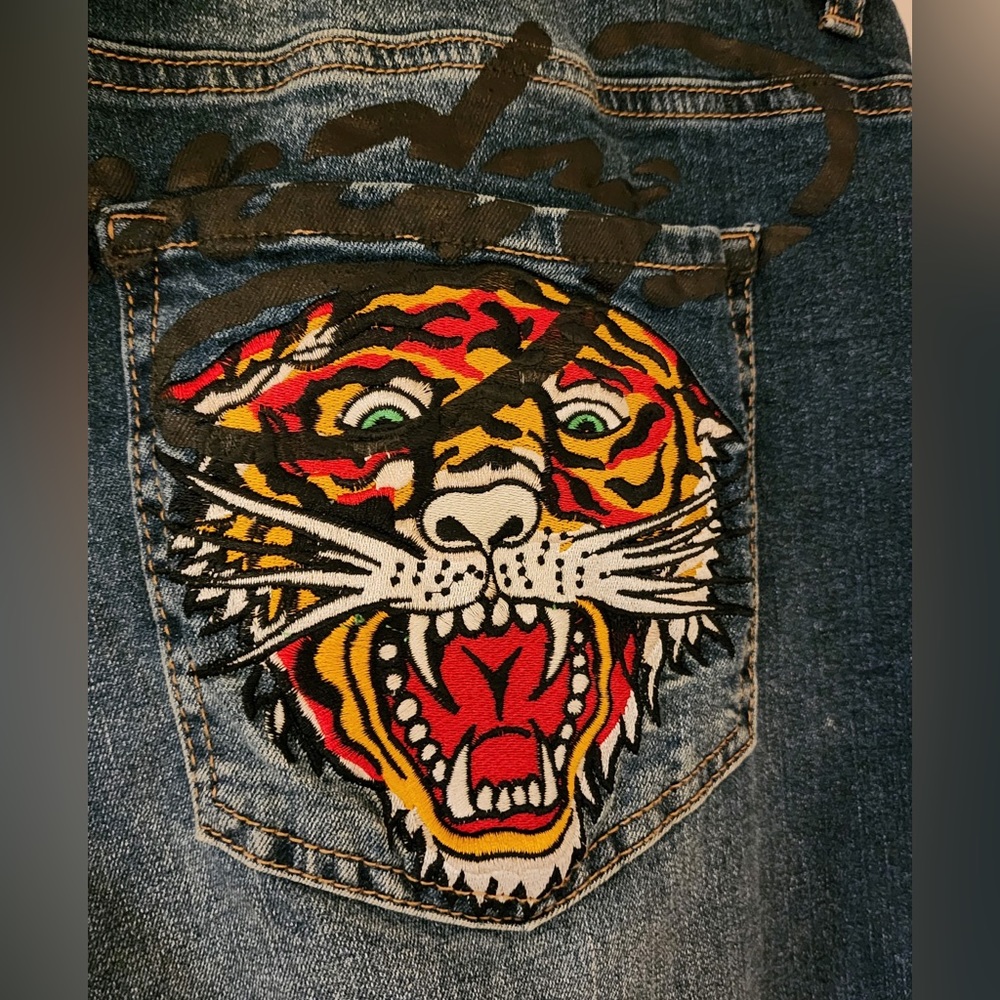 ED HARDY Men's Distressed Embroidered Tiger Head Skinny Jeans sz 40 - Picture 7 of 13